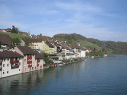 Die Stadt Eglisau am Rhein mit Blick auf die Reben des Stadtbergs